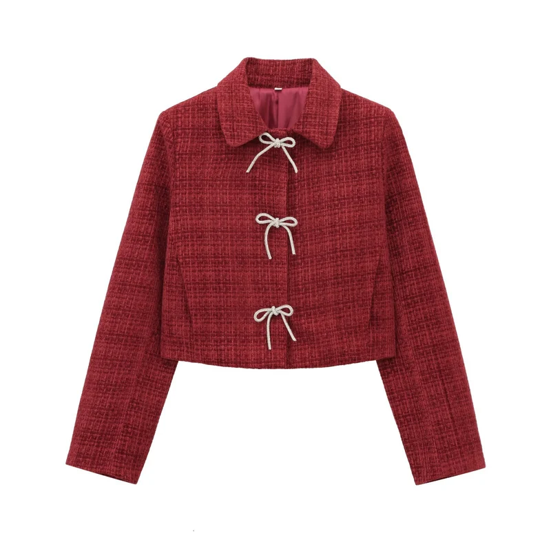 Damen Kurze Bouclé‑Tweed‑Jacke mit Peter‑Pan‑Kragen und dekorativen Schleifenverschlüssen Nord Taschen