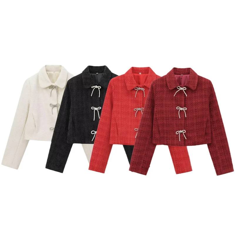 Damen Kurze Bouclé‑Tweed‑Jacke mit Peter‑Pan‑Kragen und dekorativen Schleifenverschlüssen Nord Taschen