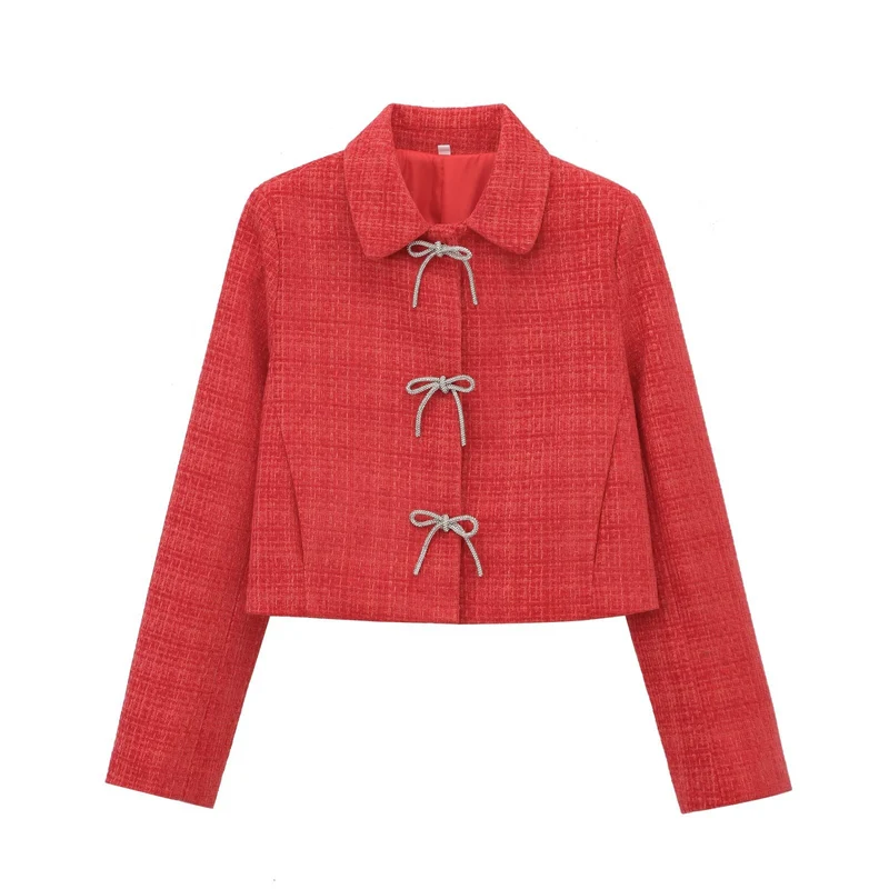 Damen Kurze Bouclé‑Tweed‑Jacke mit Peter‑Pan‑Kragen und dekorativen Schleifenverschlüssen Nord Taschen