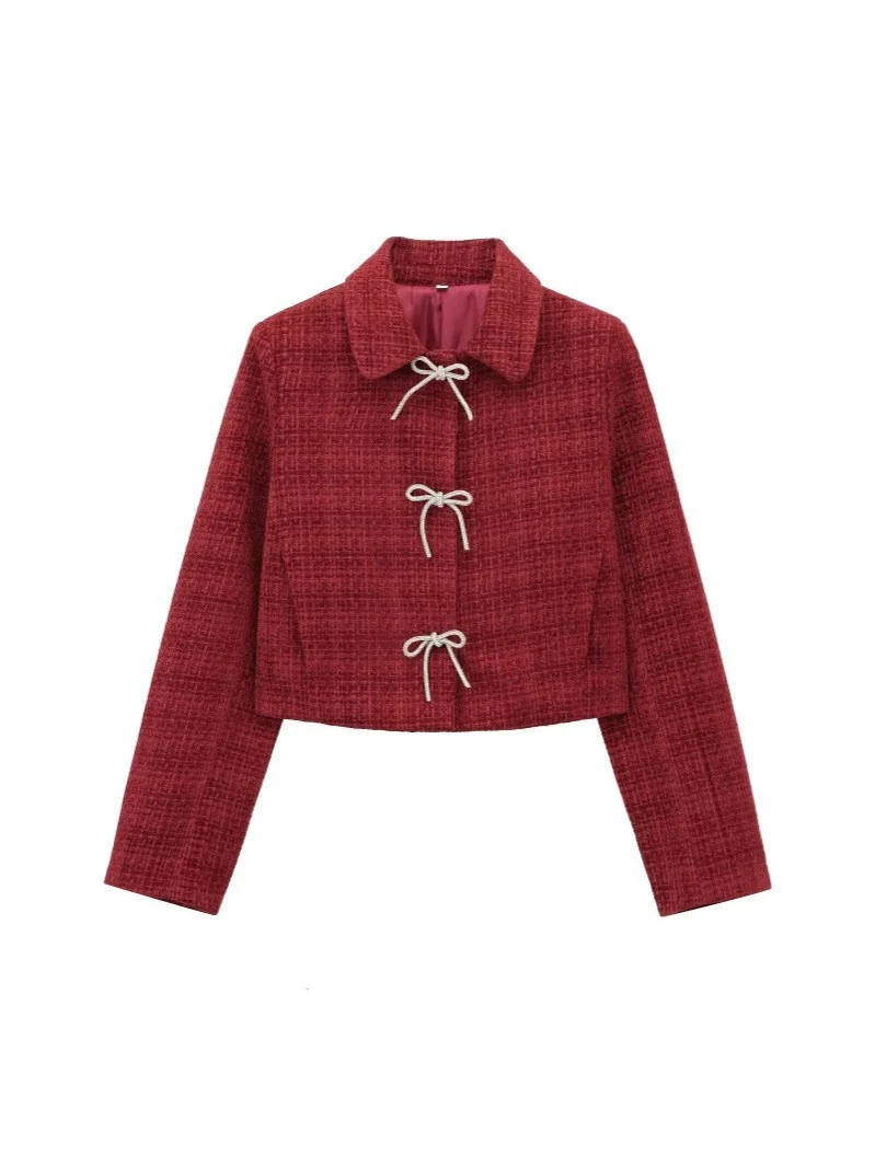 Damen Kurze Bouclé‑Tweed‑Jacke mit Peter‑Pan‑Kragen und dekorativen Schleifenverschlüssen Nord Taschen