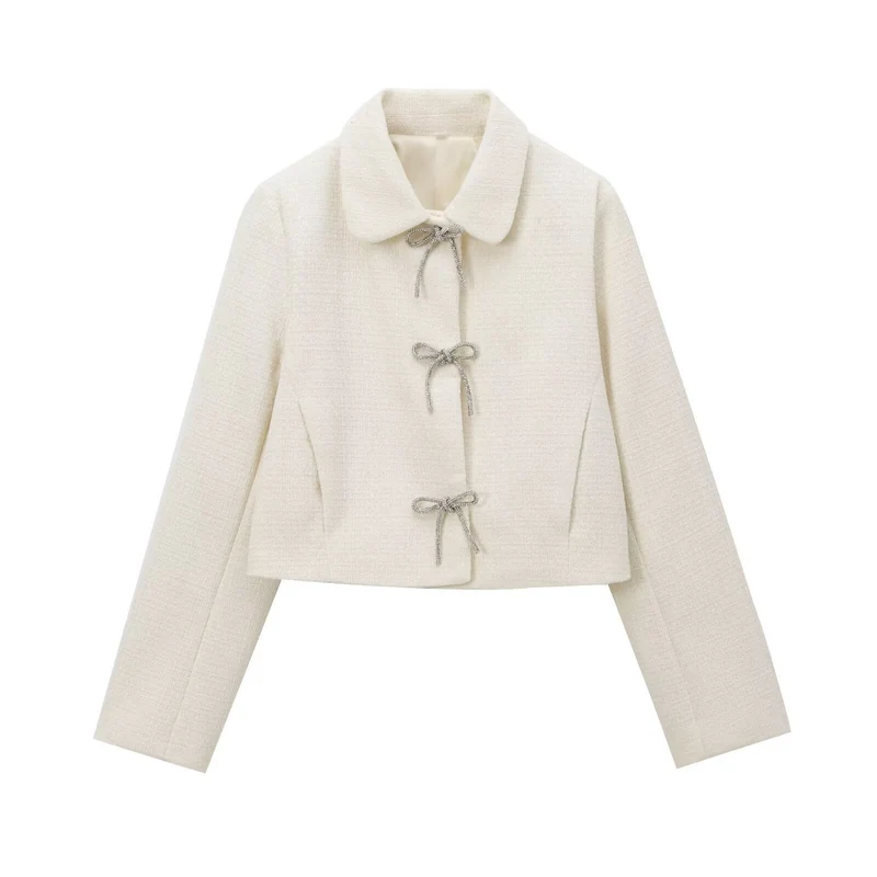 Damen Kurze Bouclé‑Tweed‑Jacke mit Peter‑Pan‑Kragen und dekorativen Schleifenverschlüssen Nord Taschen