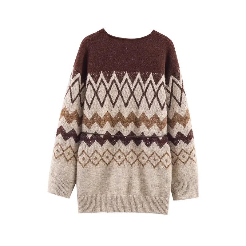 Damen Gemusterte Strickcardigan mit V-Ausschnitt, Knopfleiste und Taillenband Nord Taschen