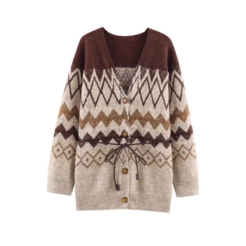 Damen Gemusterte Strickcardigan mit V-Ausschnitt, Knopfleiste und Taillenband Nord Taschen