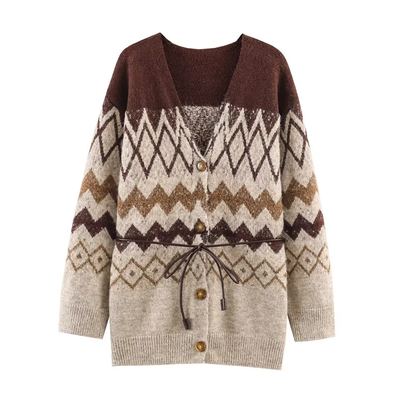Damen Gemusterte Strickcardigan mit V-Ausschnitt, Knopfleiste und Taillenband Nord Taschen