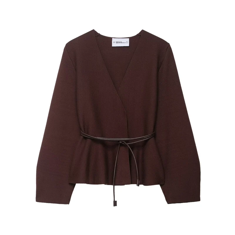 Damen Gekreuzter Strickcardigan mit Taillenband und Kimonoärmeln Nord Taschen