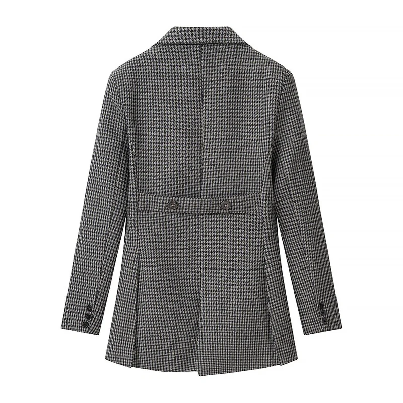Damen Gehrock‑inspirierter Hahnentritt‑Blazer mit Cutaway‑Saum und doppelreihiger Knopfleiste Nord Taschen