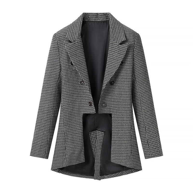 Damen Gehrock‑inspirierter Hahnentritt‑Blazer mit Cutaway‑Saum und doppelreihiger Knopfleiste Nord Taschen