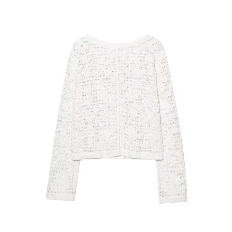 Damen Gehäkelte Kurzjacke im Bouclé‑Look mit Zierknöpfen und aufgesetzten Taschen Nord Taschen