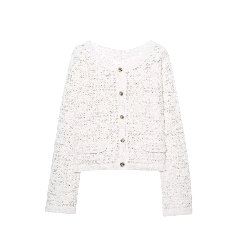 Damen Gehäkelte Kurzjacke im Bouclé‑Look mit Zierknöpfen und aufgesetzten Taschen Nord Taschen