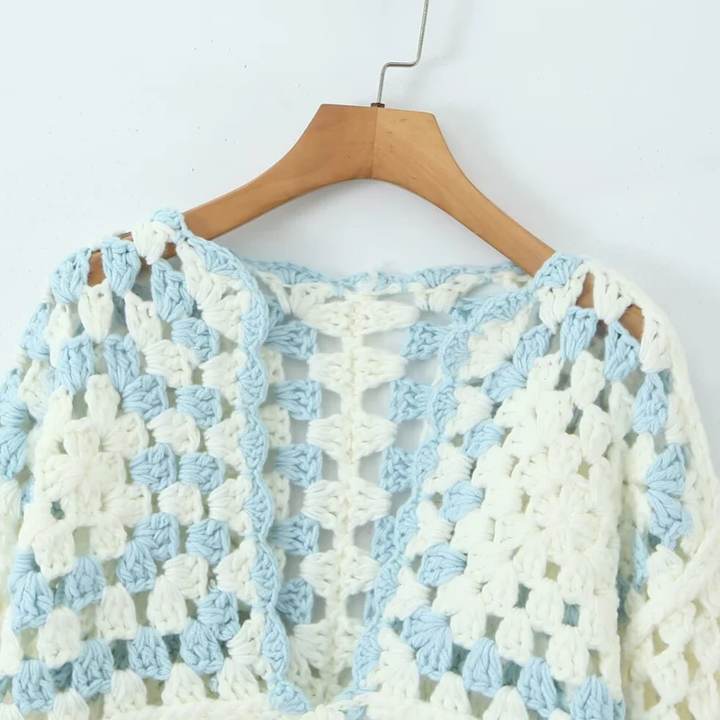 Damen Gehäkelte Granny‑Square Cardigan mit weitem Ärmel und Bindegürtel Nord Taschen