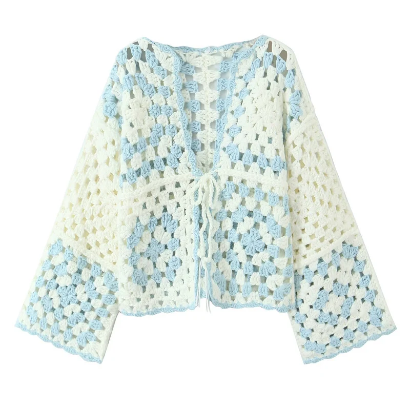 Damen Gehäkelte Granny‑Square Cardigan mit weitem Ärmel und Bindegürtel Nord Taschen