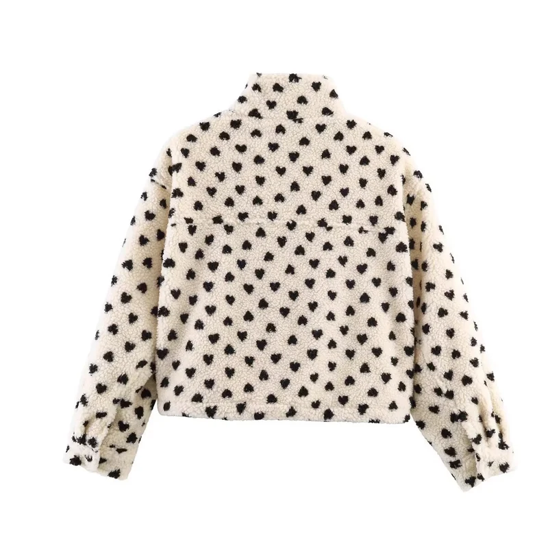 Damen Gefütterte Teddyjacke mit Herzchen-Allover, Stehkragen und Tunnelzug Nord Taschen