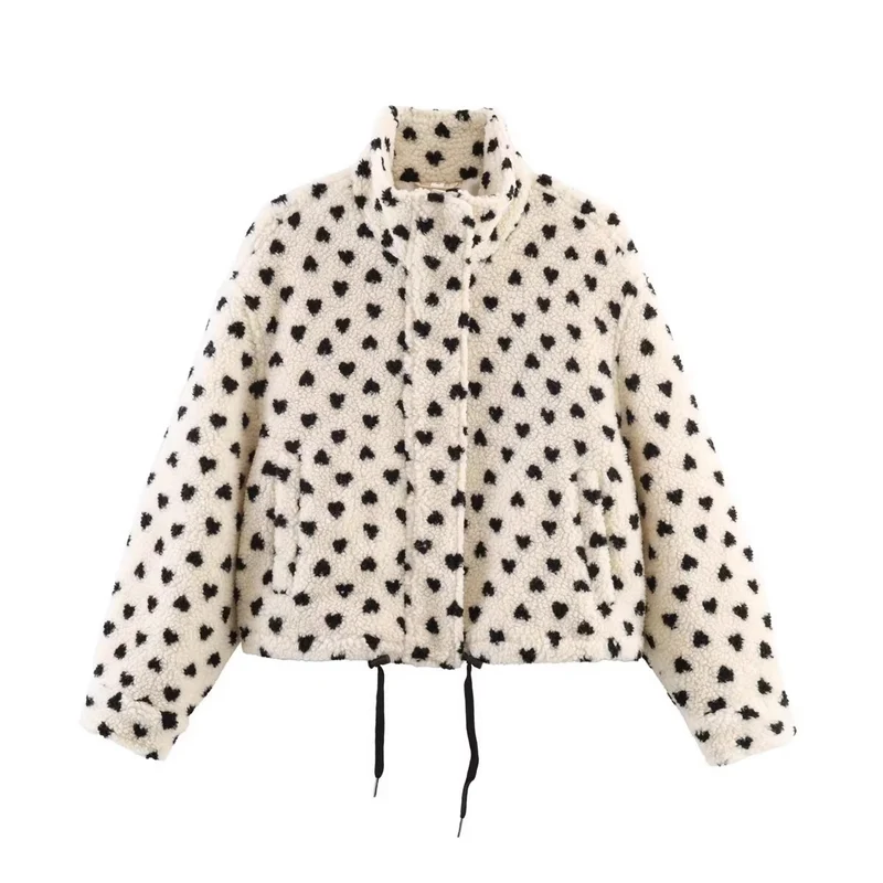 Damen Gefütterte Teddyjacke mit Herzchen-Allover, Stehkragen und Tunnelzug Nord Taschen