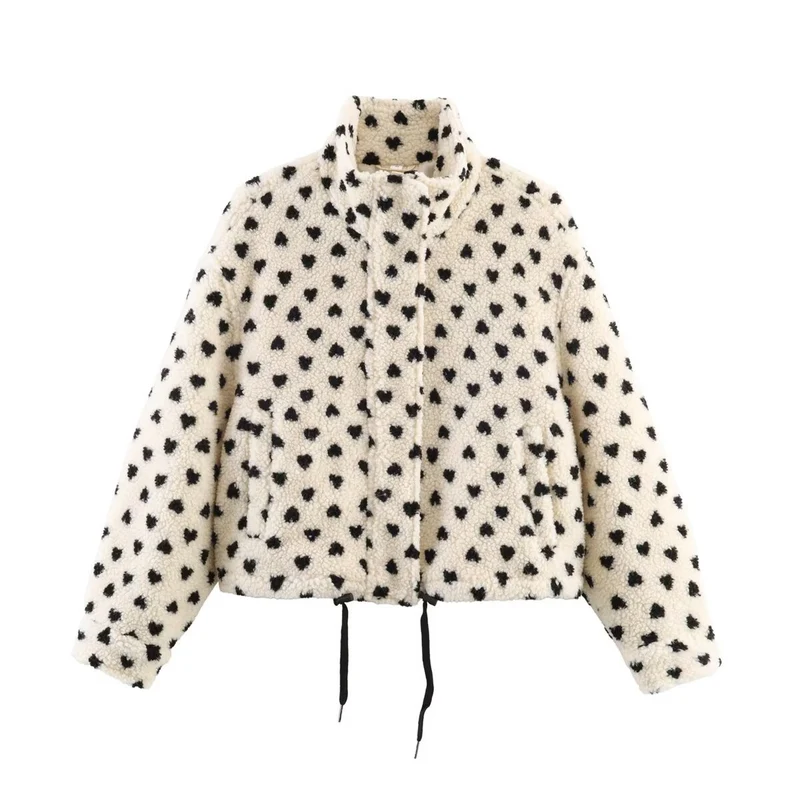 Damen Gefütterte Teddyjacke mit Herzchen-Allover, Stehkragen und Tunnelzug Nord Taschen