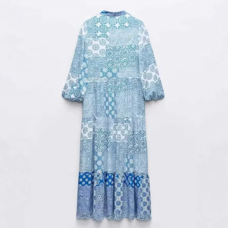 Damen Maxi‑Kleid im Patchwork‑Print mit V‑Ausschnitt, Stufenrock und 3/4‑Ärmeln Nord Taschen