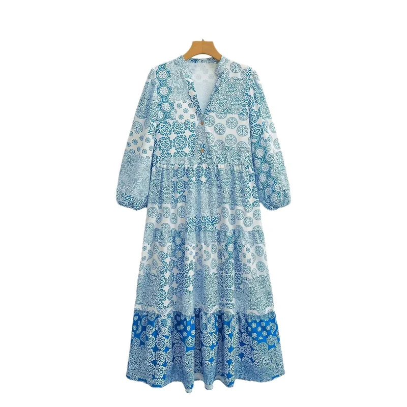 Damen Maxi‑Kleid im Patchwork‑Print mit V‑Ausschnitt, Stufenrock und 3/4‑Ärmeln Nord Taschen