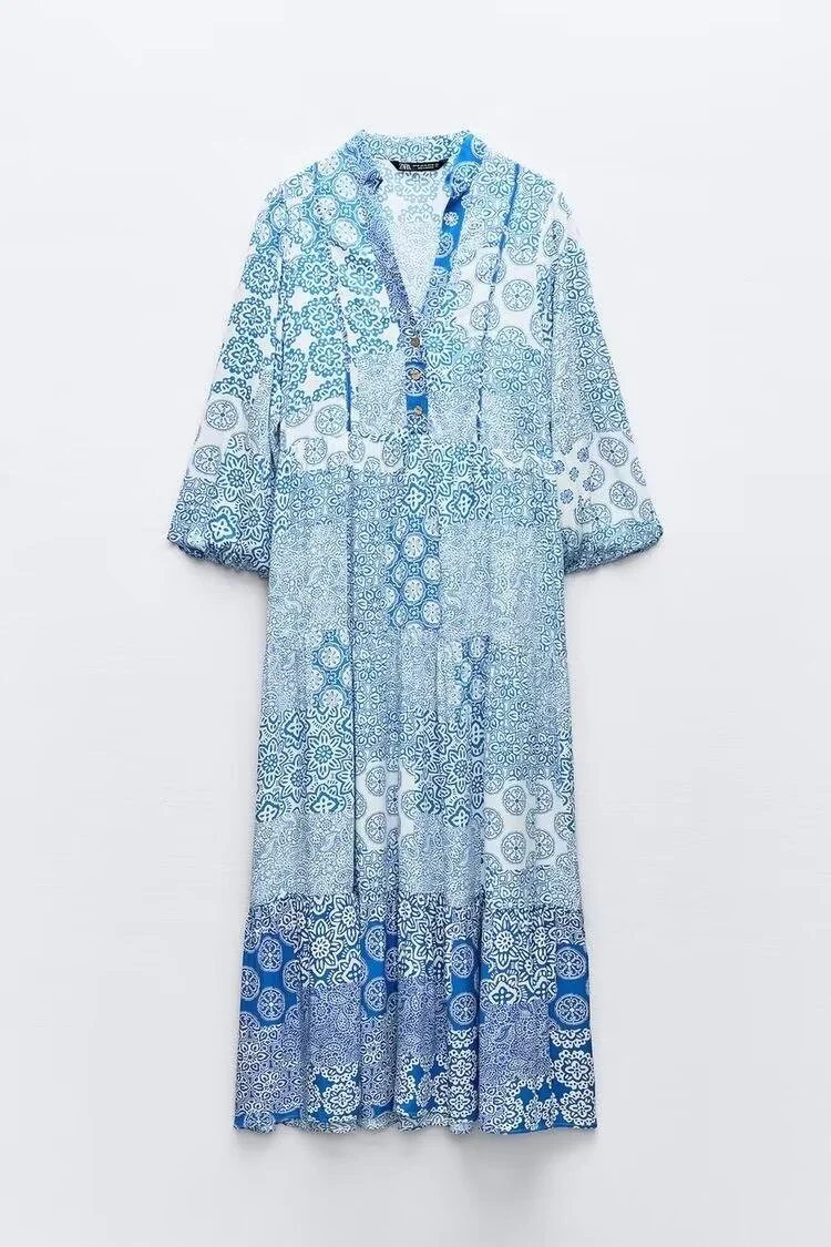Damen Maxi‑Kleid im Patchwork‑Print mit V‑Ausschnitt, Stufenrock und 3/4‑Ärmeln Nord Taschen