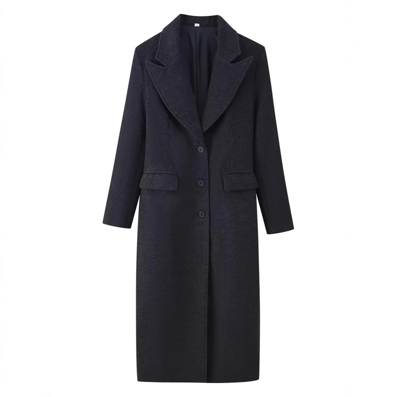 Damen Longline Wollmix-Mantel mit markantem Revers, taillierten Abnähern und Pattentaschen Nord Taschen