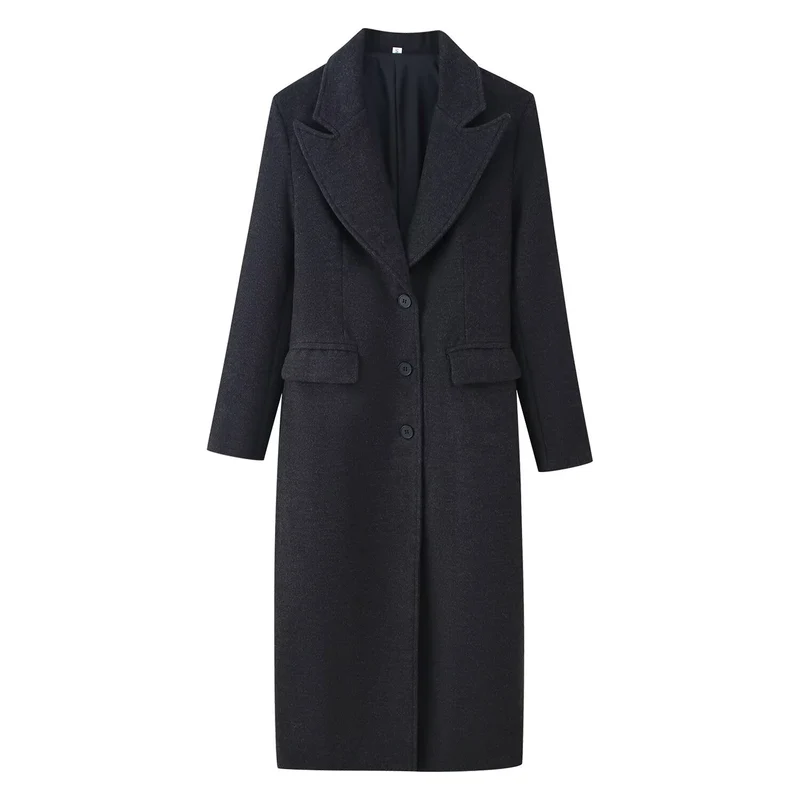 Damen Longline Wollmix-Mantel mit markantem Revers, taillierten Abnähern und Pattentaschen Nord Taschen