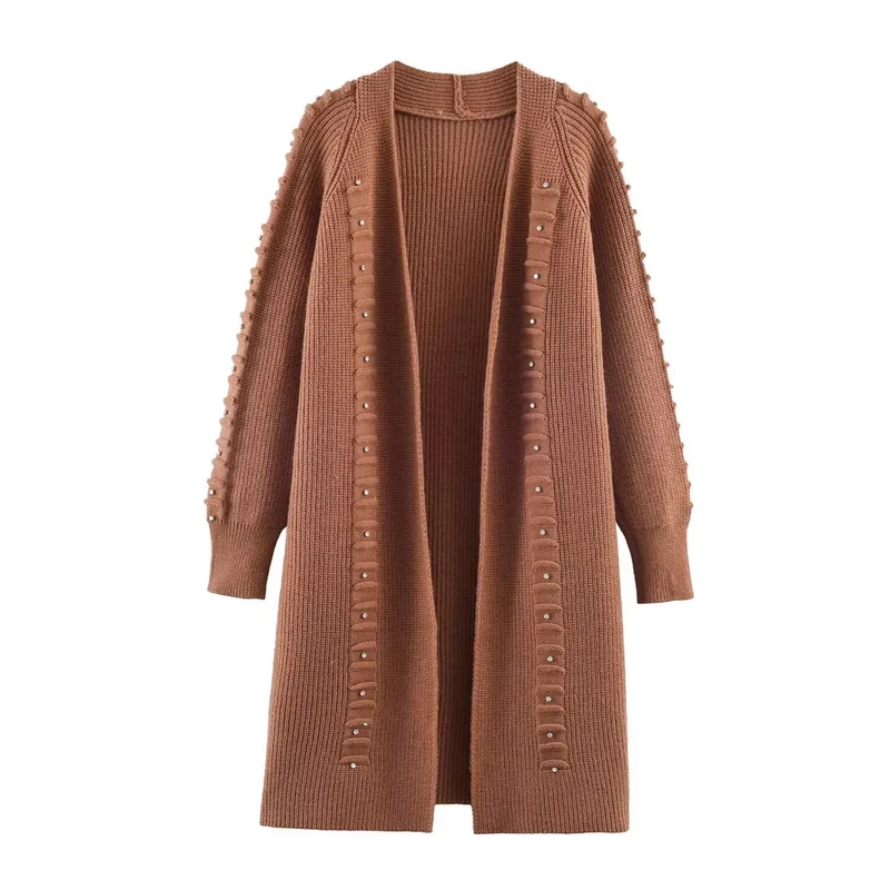 Damen Longline Strickcardigan mit Perlenbesatz und Rippbündchen Nord Taschen