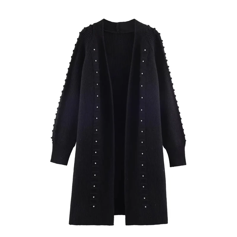 Damen Longline Strickcardigan mit Perlenbesatz und Rippbündchen Nord Taschen