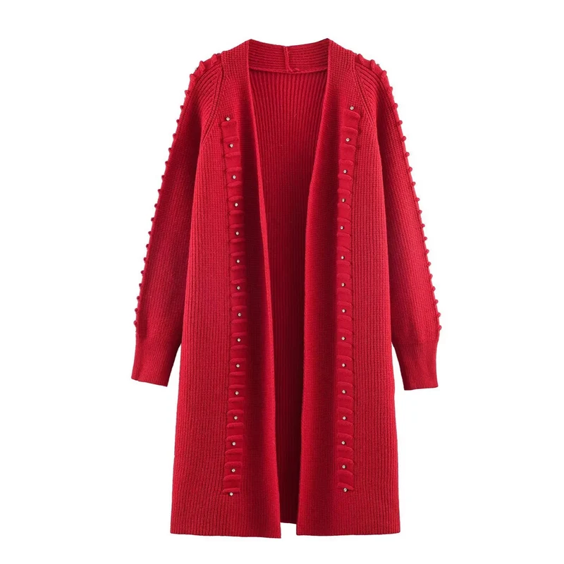 Damen Longline Strickcardigan mit Perlenbesatz und Rippbündchen Nord Taschen