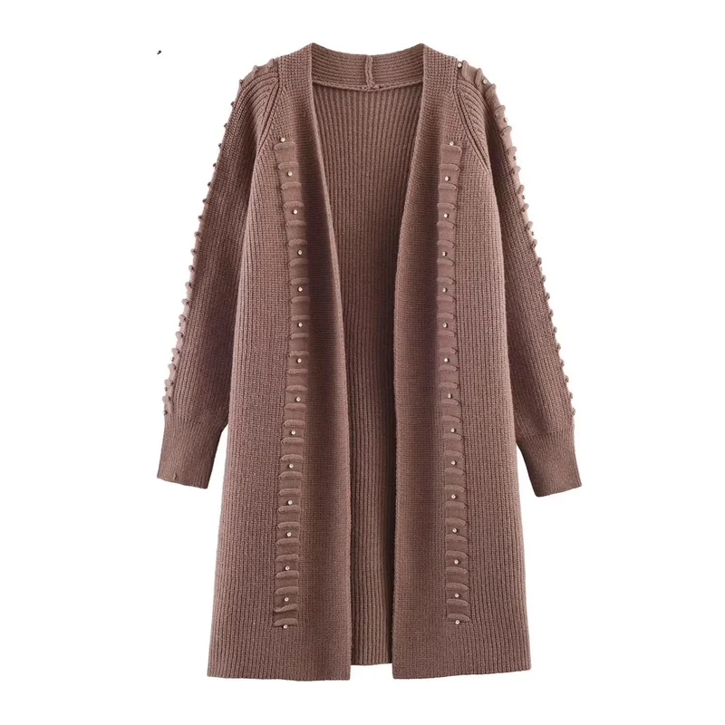 Damen Longline Strickcardigan mit Perlenbesatz und Rippbündchen Nord Taschen