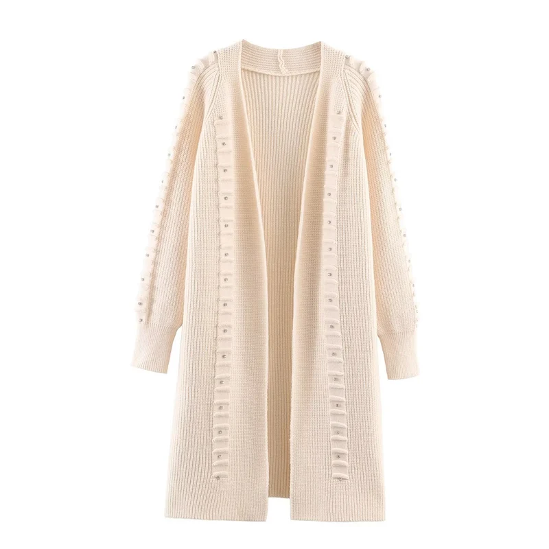 Damen Longline Strickcardigan mit Perlenbesatz und Rippbündchen Nord Taschen