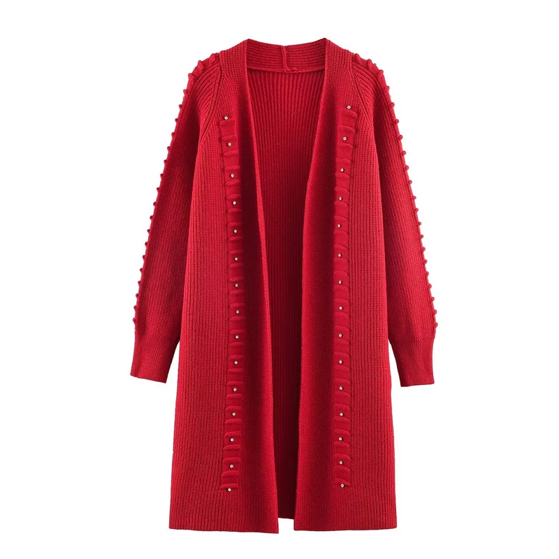Damen Longline Strickcardigan mit Perlenbesatz und Rippbündchen Nord Taschen