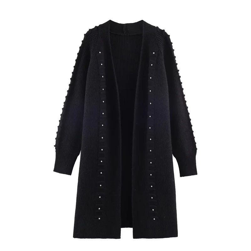 Damen Longline Strickcardigan mit Perlenbesatz und Rippbündchen Nord Taschen