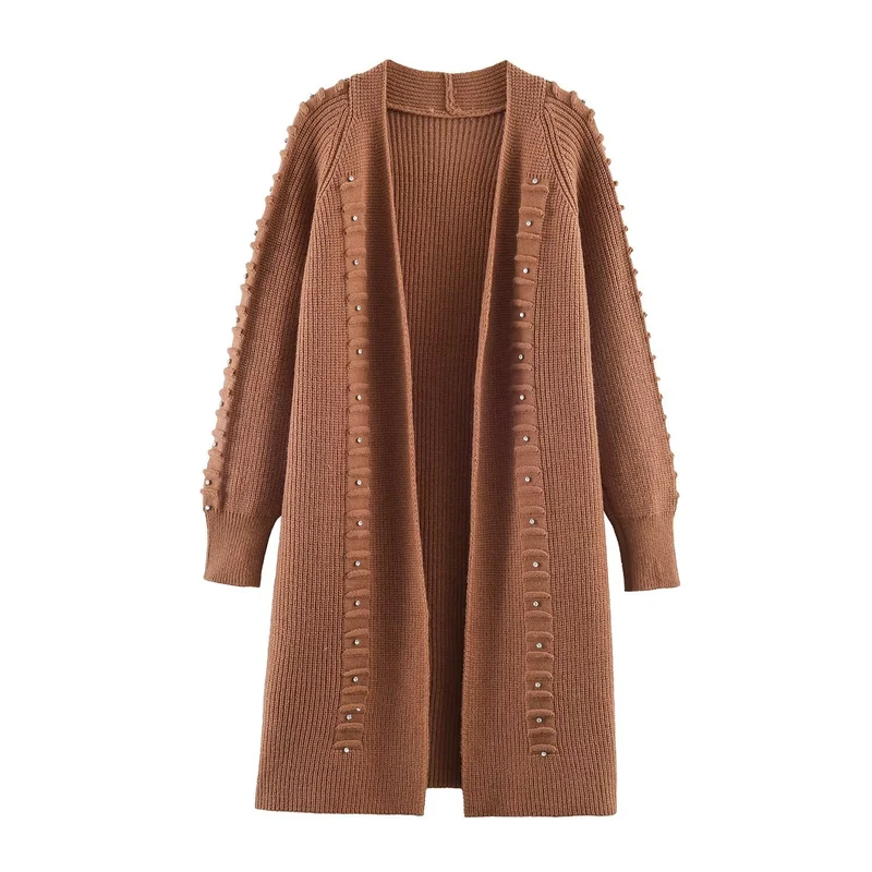 Damen Longline Strickcardigan mit Perlenbesatz und Rippbündchen Nord Taschen