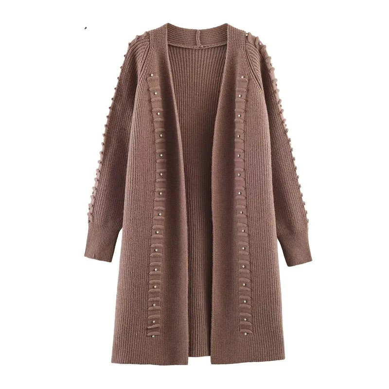 Damen Longline Strickcardigan mit Perlenbesatz und Rippbündchen Nord Taschen