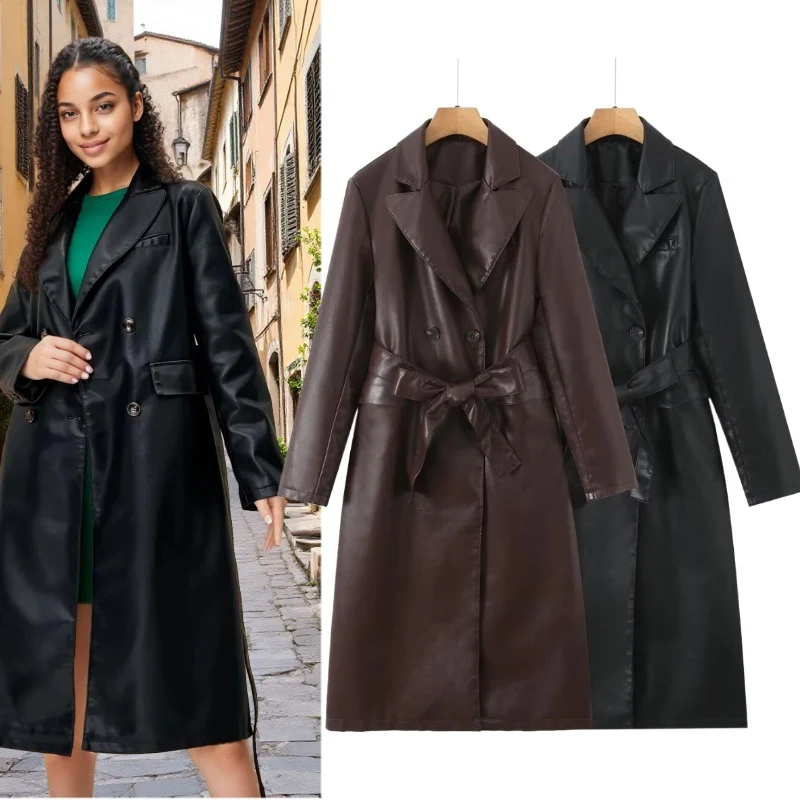 Damen Longline Imitatleder-Trenchcoat mit doppelreihiger Knopfleiste und Taillengürtel Nord Taschen