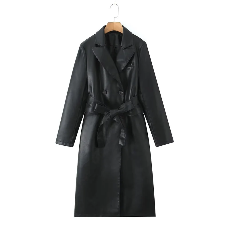 Damen Longline Imitatleder-Trenchcoat mit doppelreihiger Knopfleiste und Taillengürtel Nord Taschen