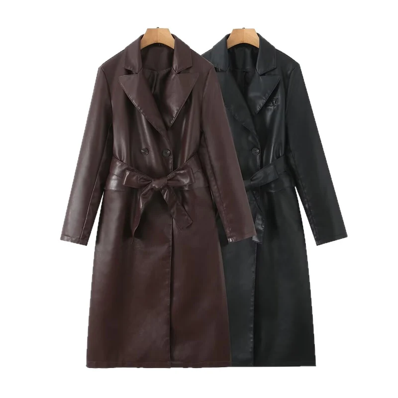 Damen Longline Imitatleder-Trenchcoat mit doppelreihiger Knopfleiste und Taillengürtel Nord Taschen