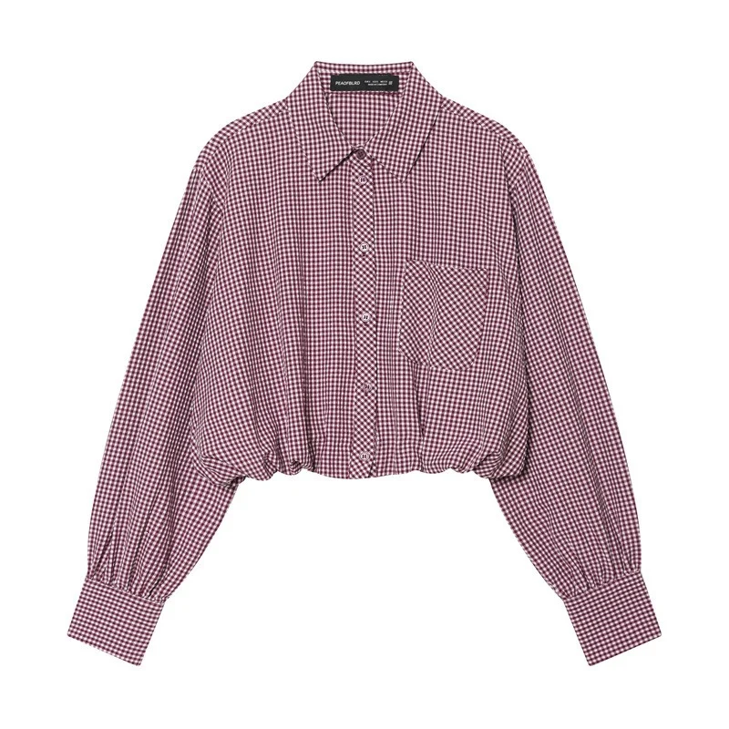 Damen Karierte Cropped Bluse mit Gummizugsaum Nord Taschen