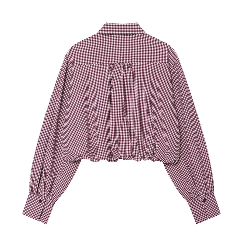 Damen Karierte Cropped Bluse mit Gummizugsaum Nord Taschen