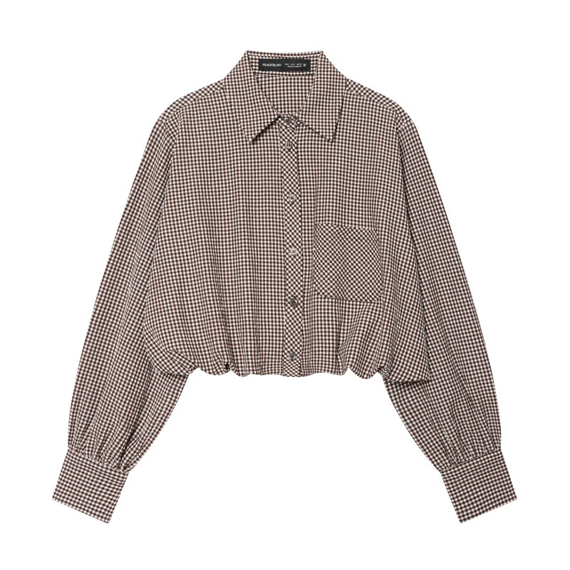 Damen Karierte Cropped Bluse mit Gummizugsaum Nord Taschen