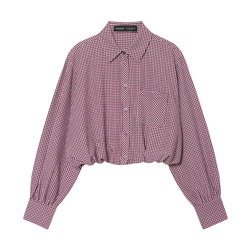 Damen Karierte Cropped Bluse mit Gummizugsaum Nord Taschen