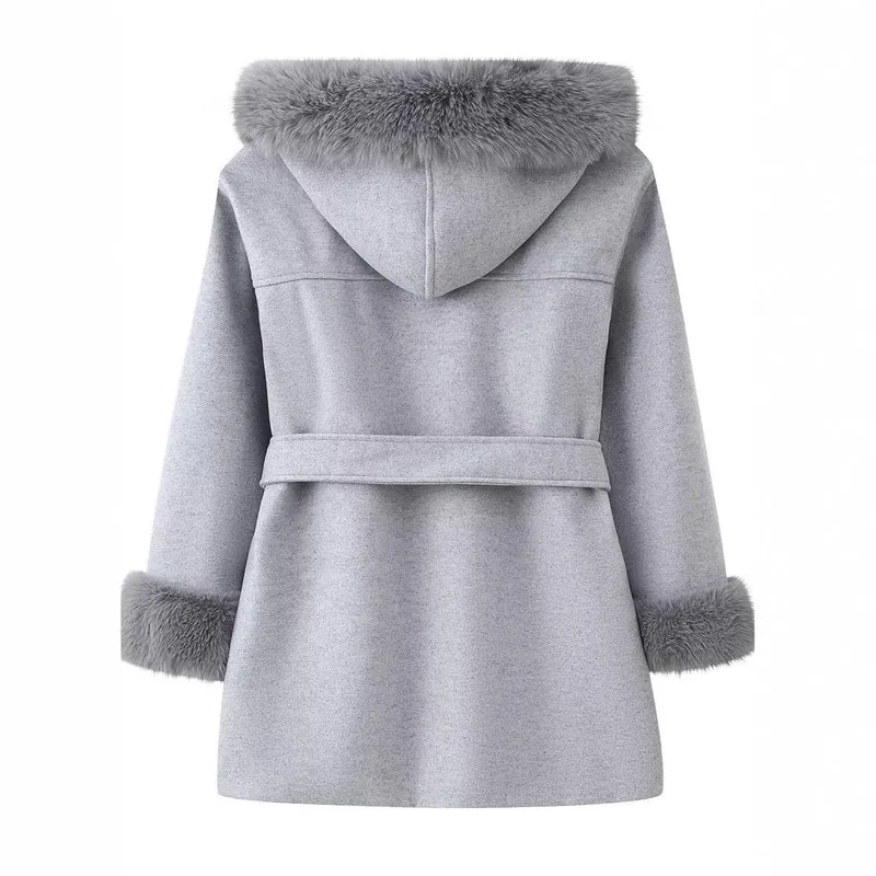 Damen Kapuzen-Wollmix-Mantel mit Bindegürtel und Faux-Fur-Besatz Nord Taschen