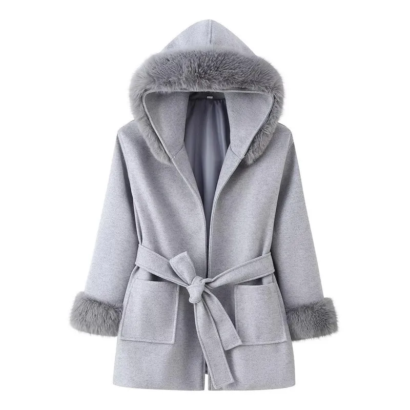 Damen Kapuzen-Wollmix-Mantel mit Bindegürtel und Faux-Fur-Besatz Nord Taschen