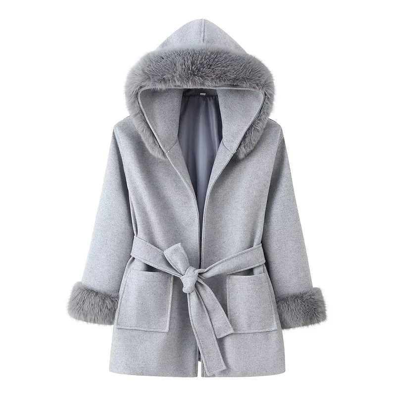 Damen Kapuzen-Wollmix-Mantel mit Bindegürtel und Faux-Fur-Besatz Nord Taschen