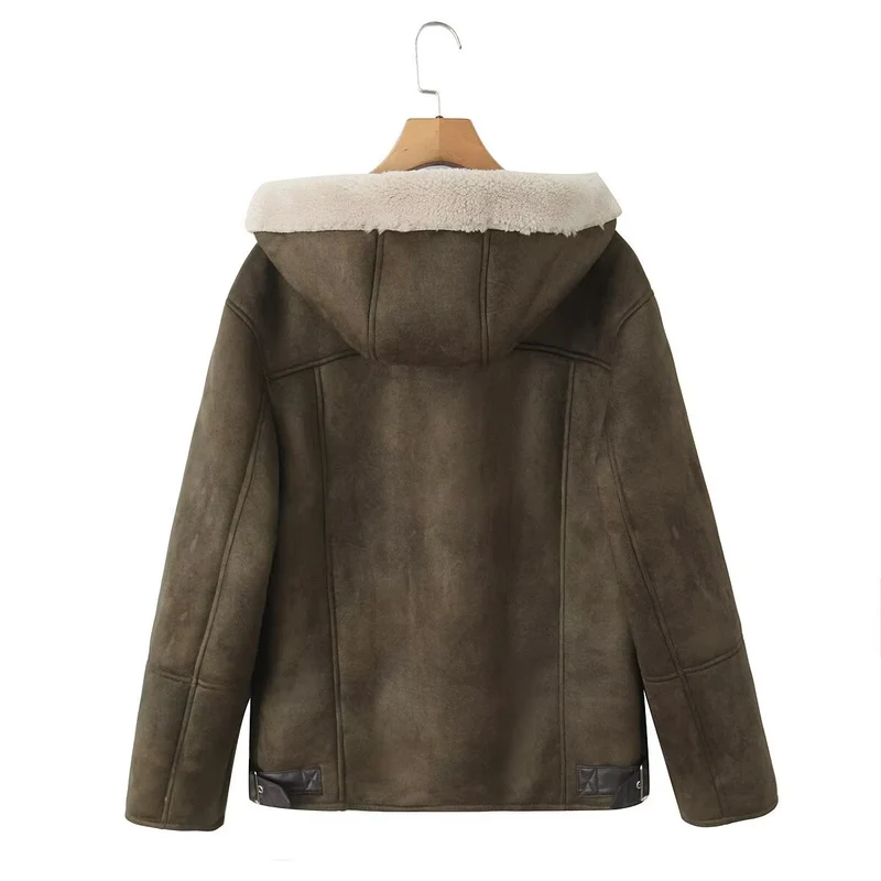 Damen Kapuzen-Lammfellimitat-Bomberjacke mit Teddyfutter und Reißverschluss Nord Taschen