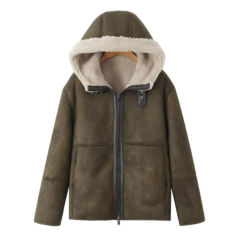 Damen Kapuzen-Lammfellimitat-Bomberjacke mit Teddyfutter und Reißverschluss Nord Taschen