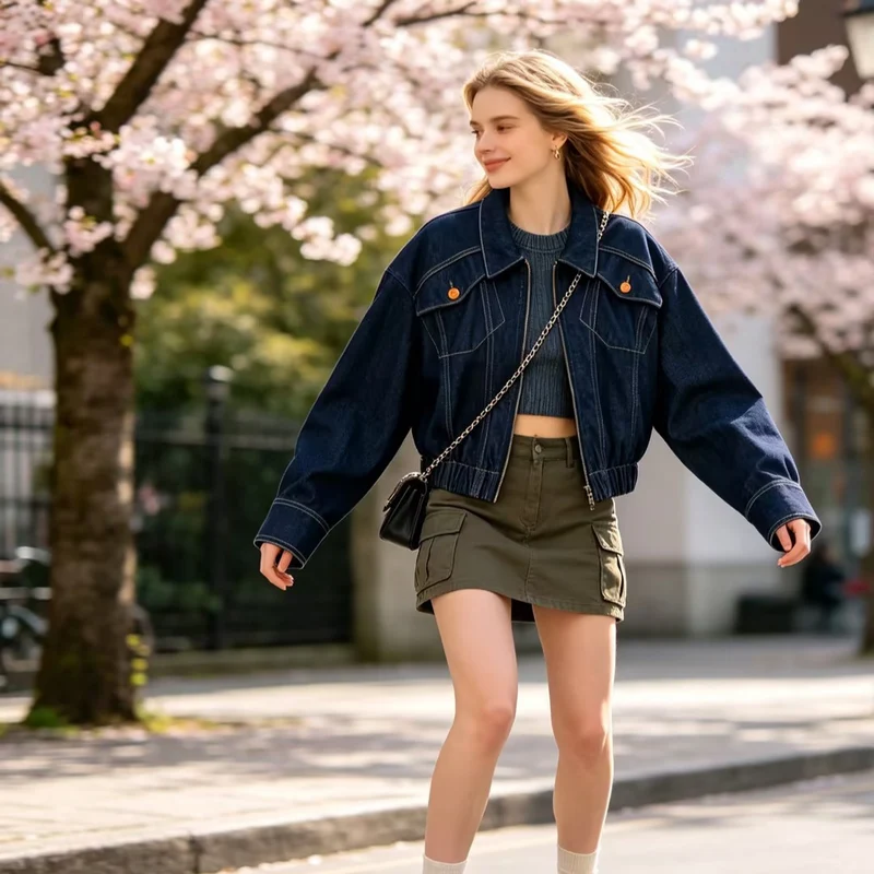 Damen Jeansjacke im Bomberstil mit Reißverschluss und elastischem Saum Nord Taschen