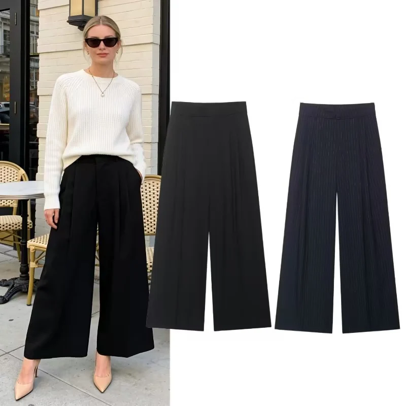 Damen Hochtaillierte weite Palazzohose mit Bundfalten und eleganter Falllinie Nord Taschen