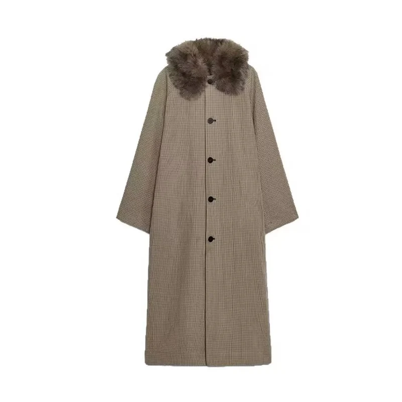 Damen Langer Glencheck-Mantel mit voluminösem Faux-Fur-Kragen und geradem Schnitt Nord Taschen