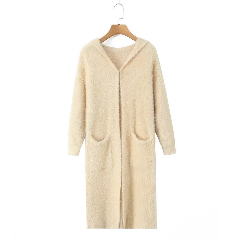 Damen Langer flauschiger Kapuzencardigan mit aufgesetzten Eingrifftaschen und offener Front Nord Taschen