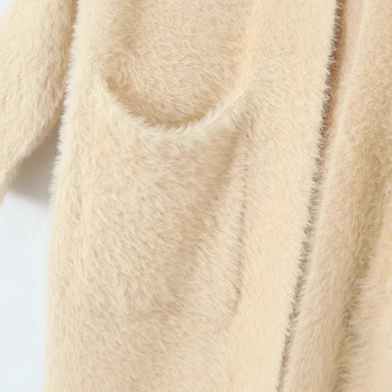 Damen Langer flauschiger Kapuzencardigan mit aufgesetzten Eingrifftaschen und offener Front Nord Taschen