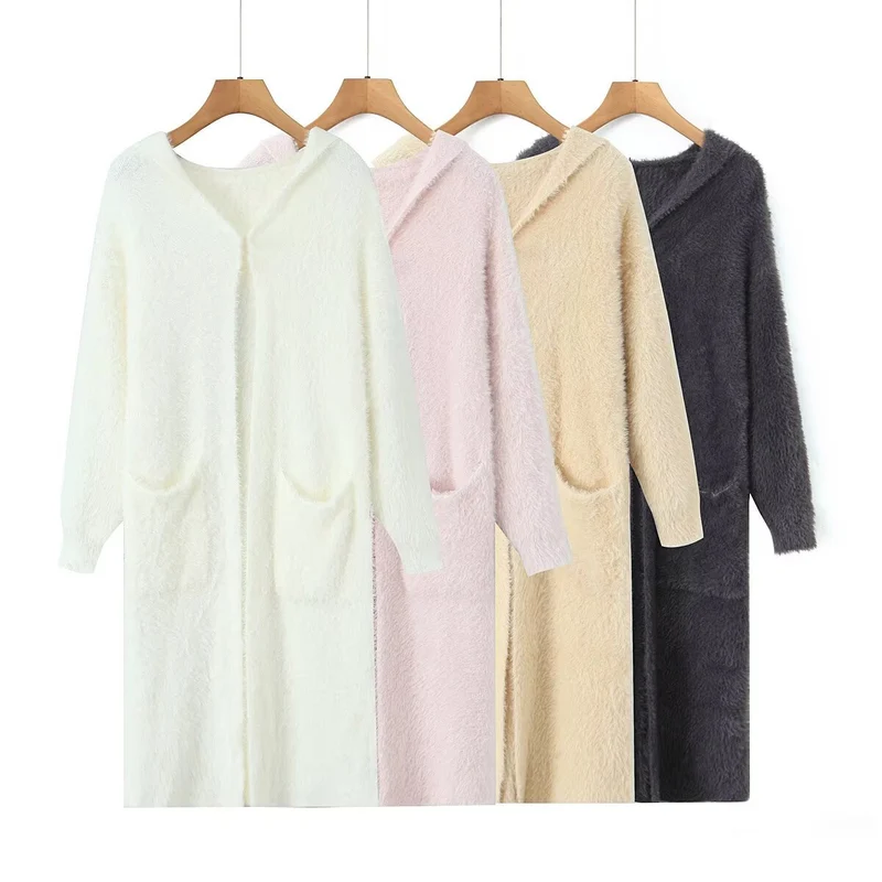 Damen Langer flauschiger Kapuzencardigan mit aufgesetzten Eingrifftaschen und offener Front Nord Taschen